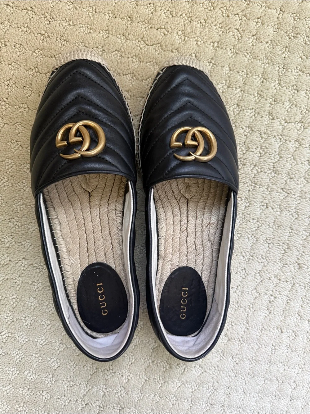 Gucci Black Quilted Leather Espadrilles with Gold Double G